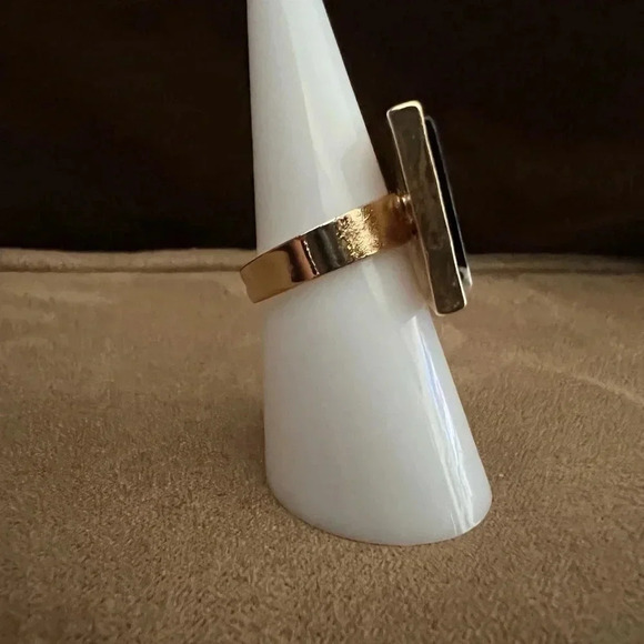 Ring- gold tone with black & white square faux stone accent. Size: 6. - Picture 5 of 8